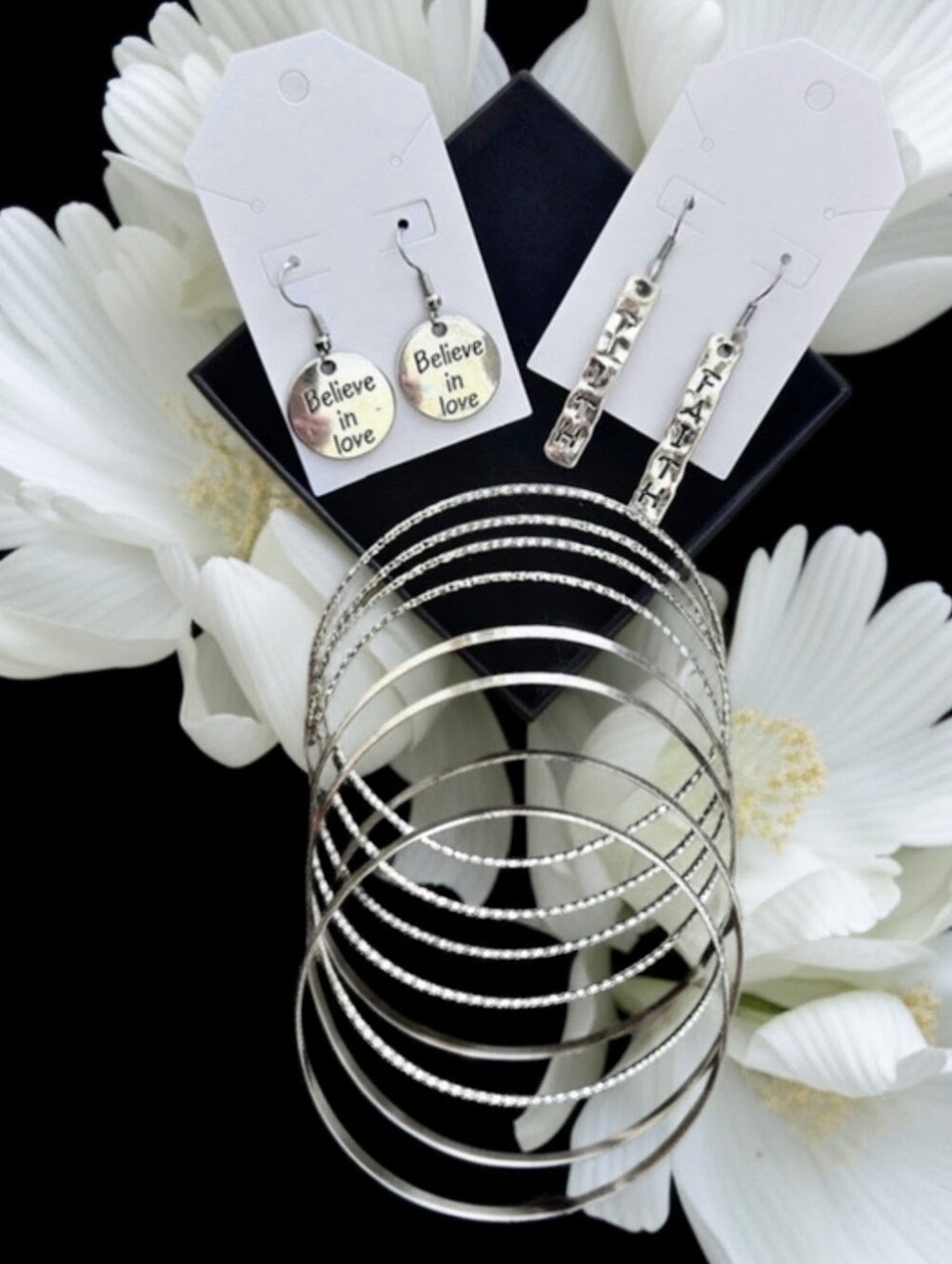 Set - Inspirational Quote Earrings & Silver Tone Bangles NWT